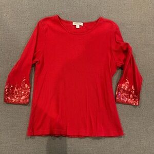 Coldwater Creek Red Long Sleeve Top with Sequin Accents